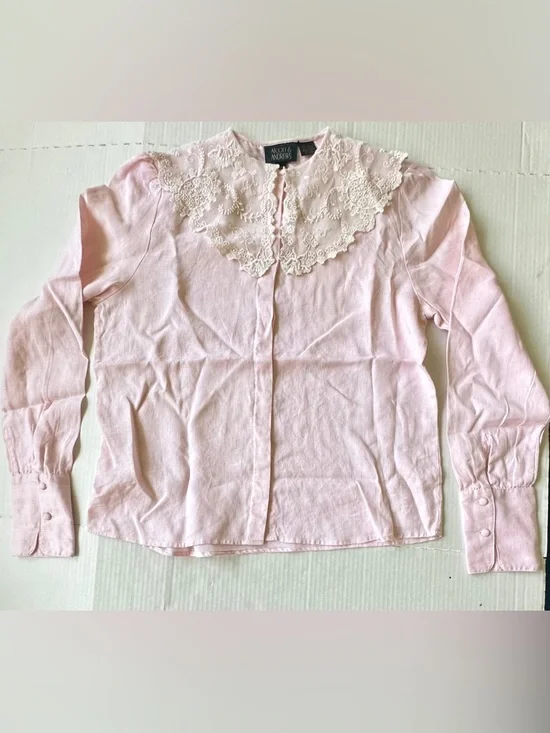 Vintage 1980s Linen Alcott & Andrews Button-Up Shirt Sz 10 Light Pink - Picture 1 of 9